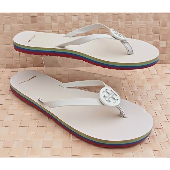 Tory Burch Minnie Flip Flops Ivory Enamel Logo Leather Straps Rainbow Sole US 11 - Picture 1 of 11